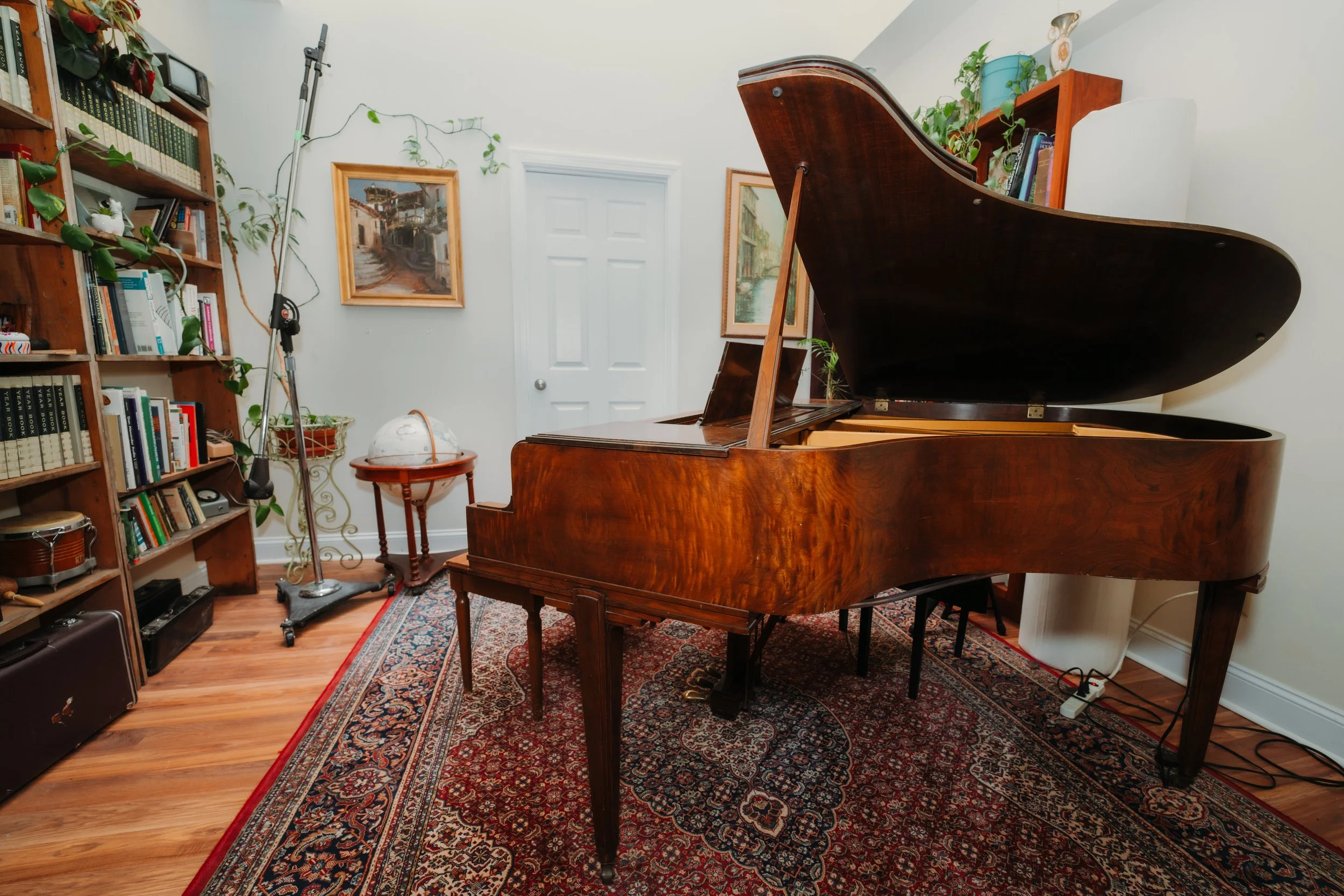 A room with a grand piano on a patterned rug, bookshelves, artwork on the walls, and various plants and objects on shelves and tables.