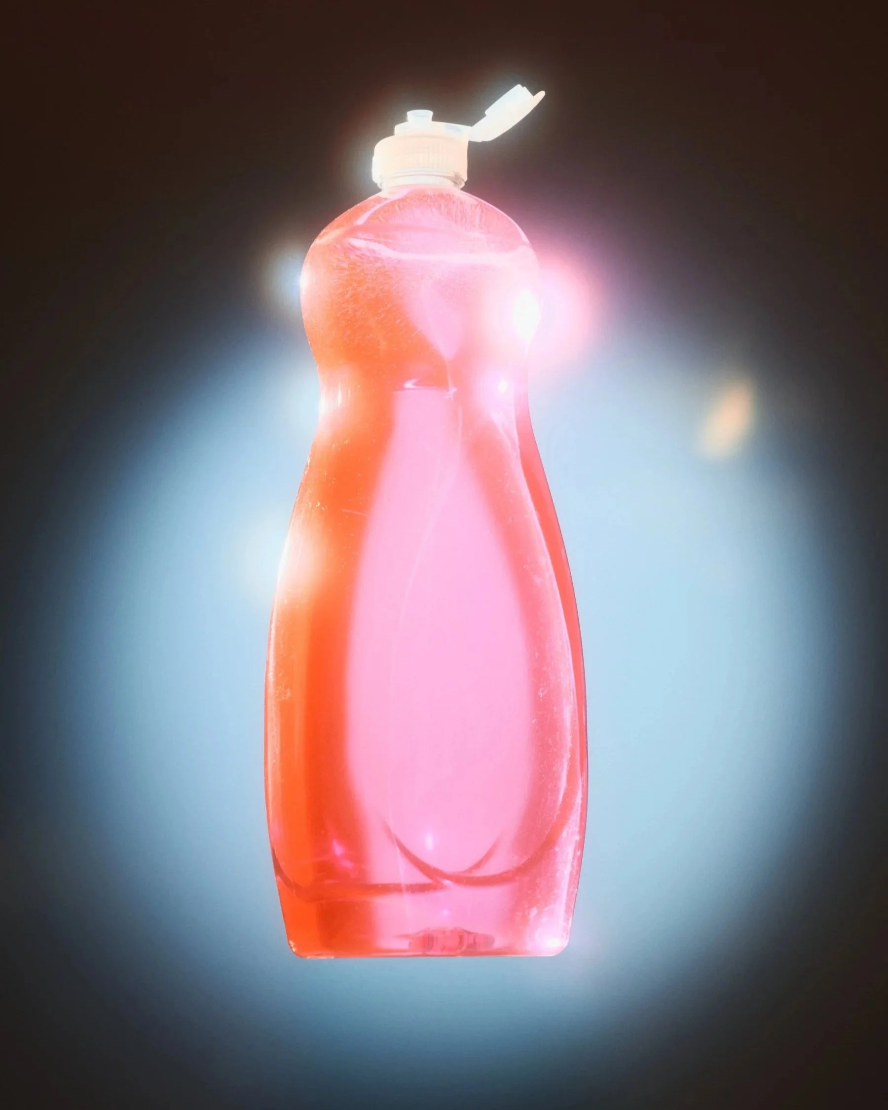Still life photo of pink dishwashing liquid, glowing on a blue and black background.