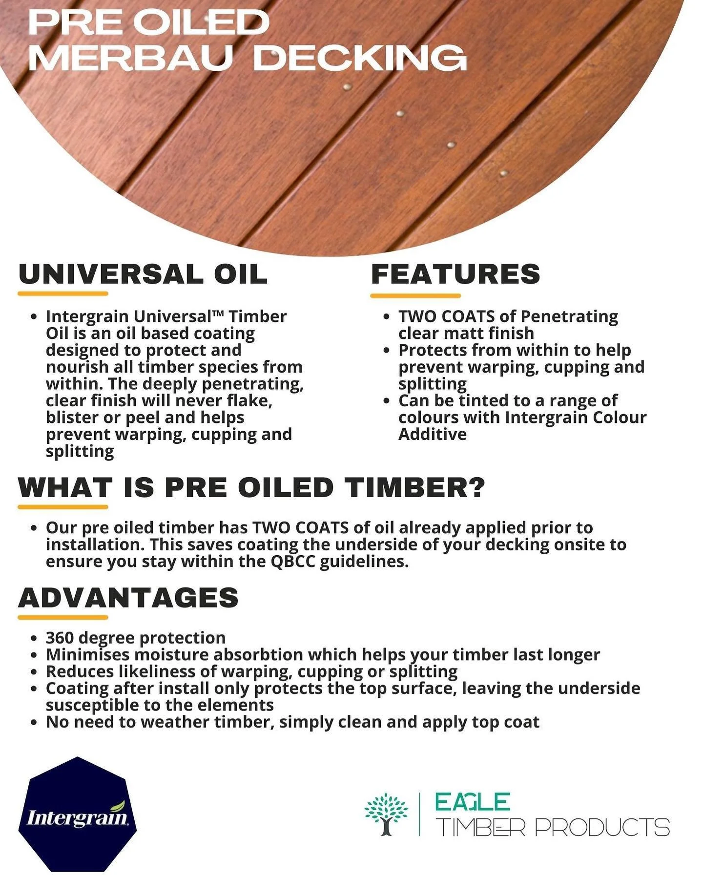 EOFY SALE!!

Pre Oiled Merbau Decking!

Unbeatable pricing on pre oiled TWO COAT @intergrain Universal Oil Merbau Decking