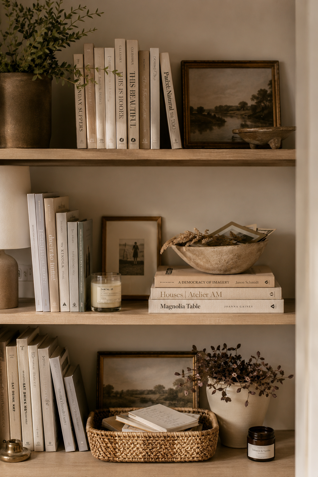 Neutral bookshelf with books, baskets, framed artwork, and decorative storage on wooden shelves.