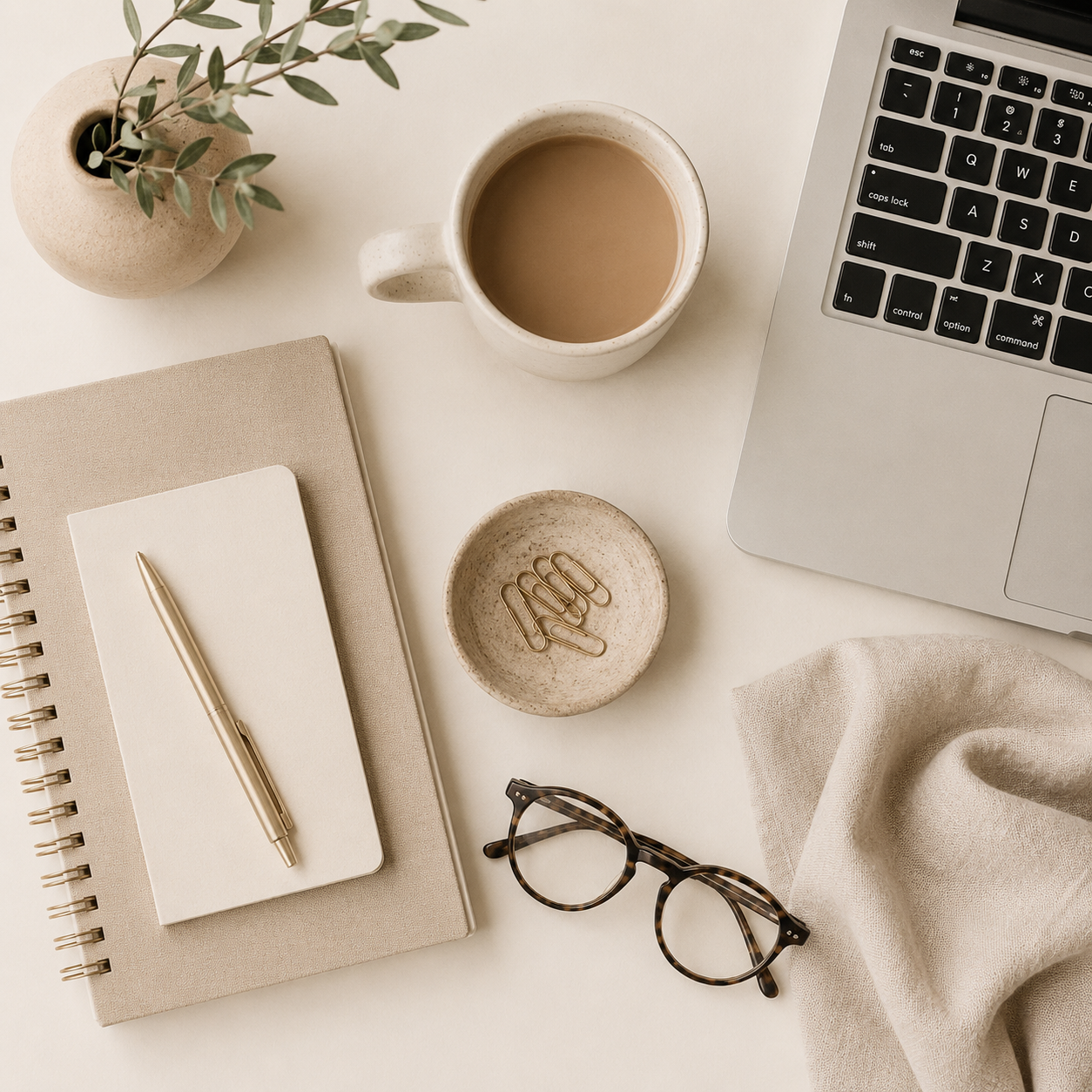 Top-down view of a minimalist workspace featuring a laptop, notebook, coffee, and eucalyptus, representing professional home organizing services.