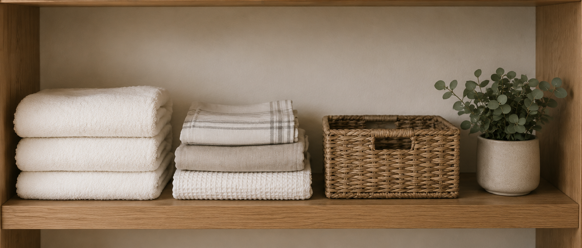 Folded linen towels and woven storage basket arranged on a neutral wood shelf with soft natural lighting.