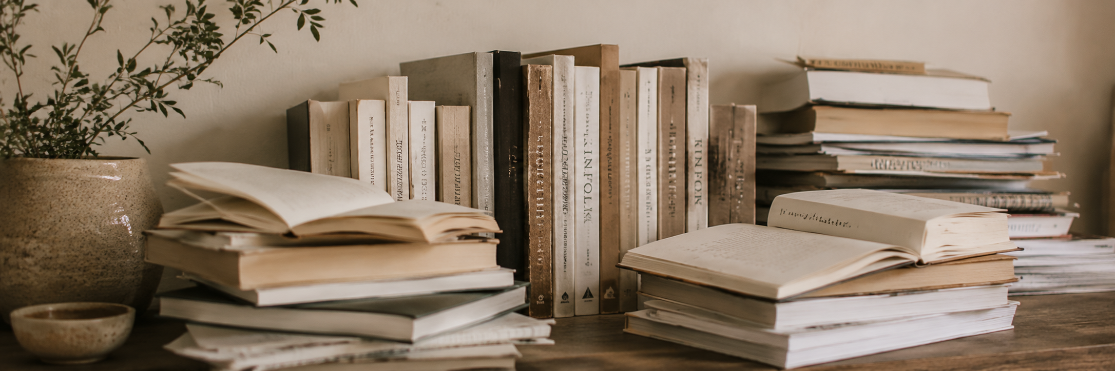 Stacks of books and open notebooks on a wooden shelf, representing how everyday items can contribute to household clutter.