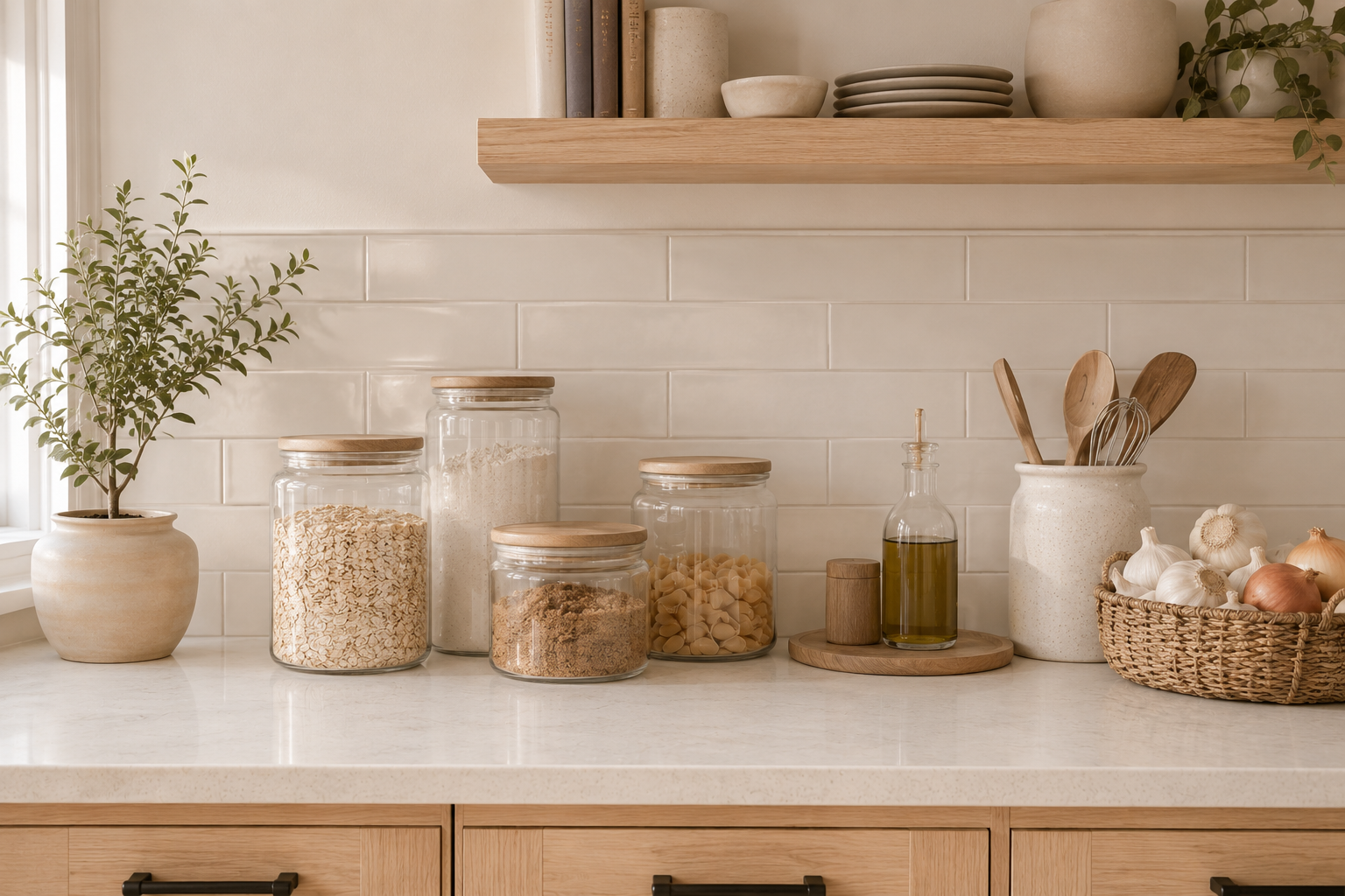Warm kitchen countertop with everyday storage jars, cooking utensils, and open shelving, representing a functional, organized kitchen.