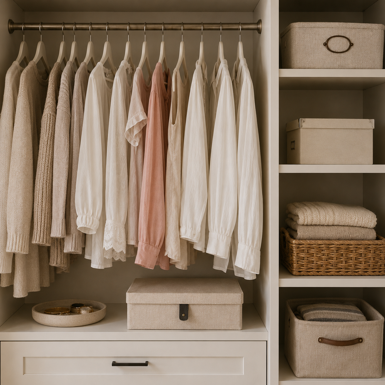 Closet with hanging clothing, fabric storage boxes, folded linens, and functional storage solutions.
