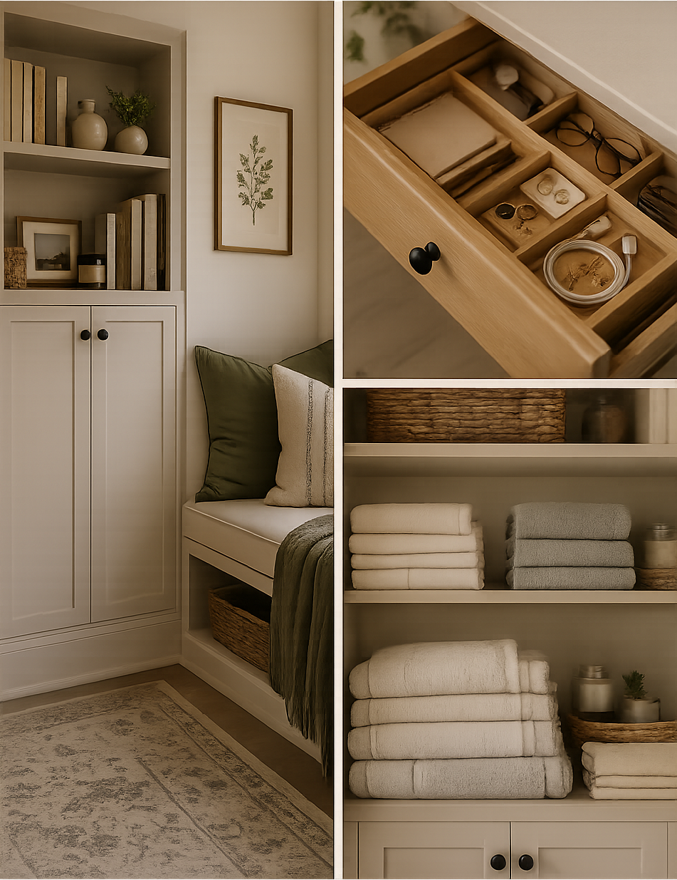 Collage of an organized reading nook, drawer organizer, and folded linens representing organized spaces throughout the home.