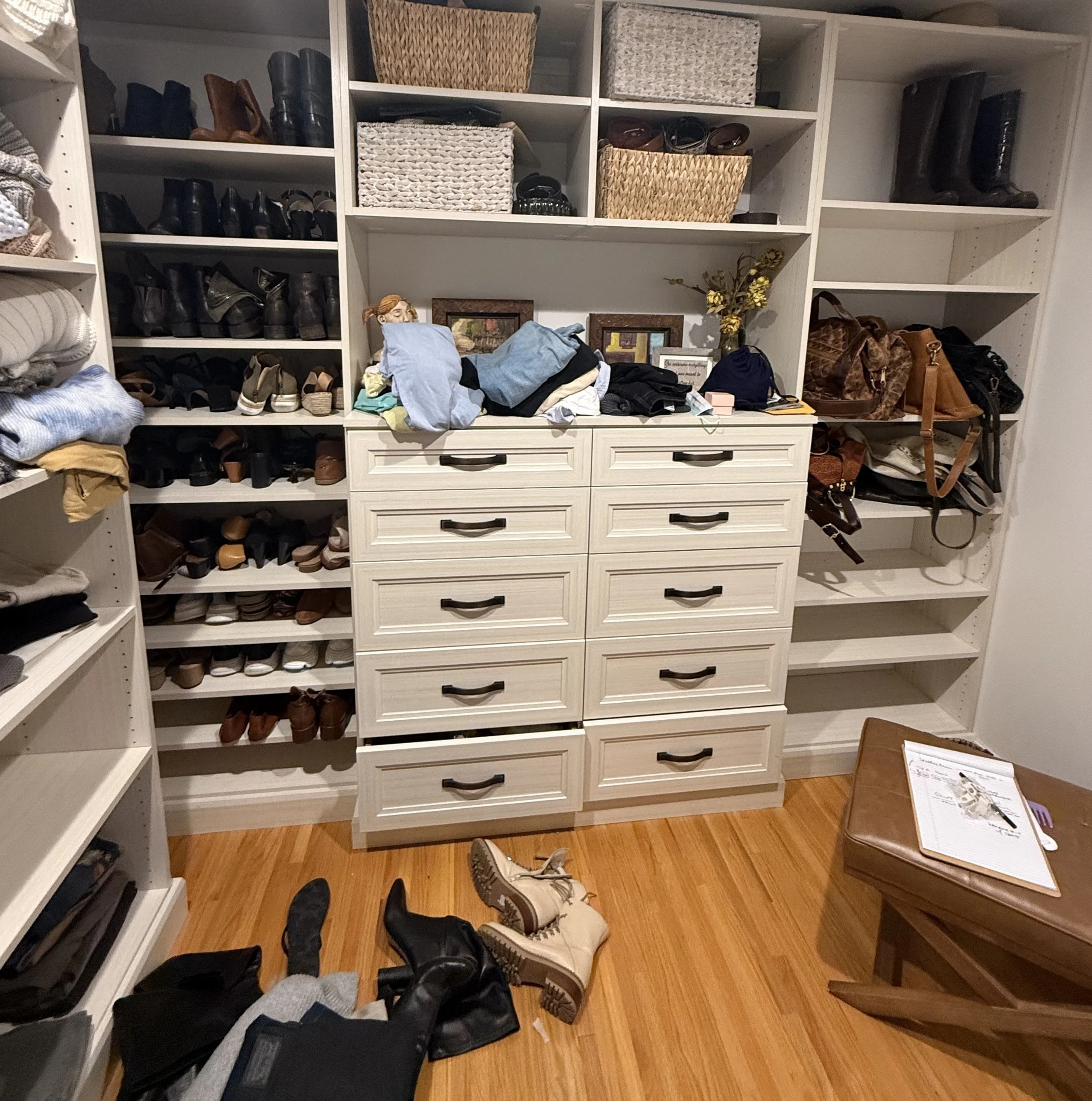 Before and after of organized walk-in closet with folded clothing, shoe storage, and custom shelving in Central New Jersey.