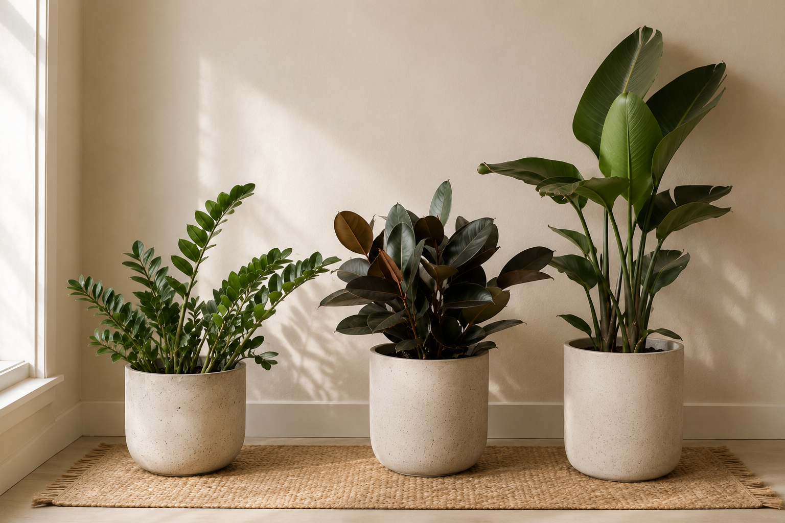 Minimalist corner with three potted houseplants, soft natural light, and warm neutral decor.