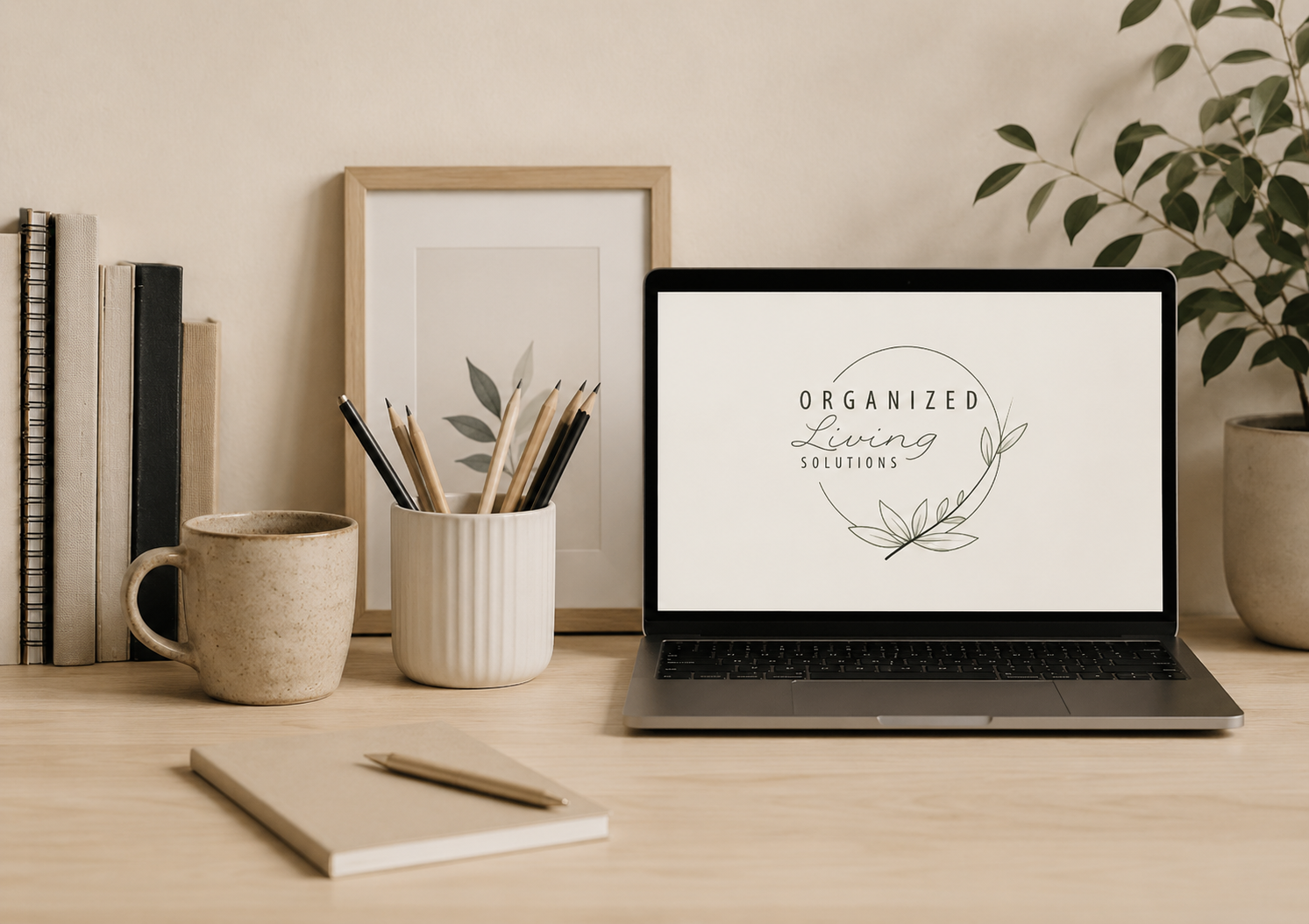 Organized Living Solutions logo on a laptop in a warm, minimalist workspace with neutral décor and greenery.