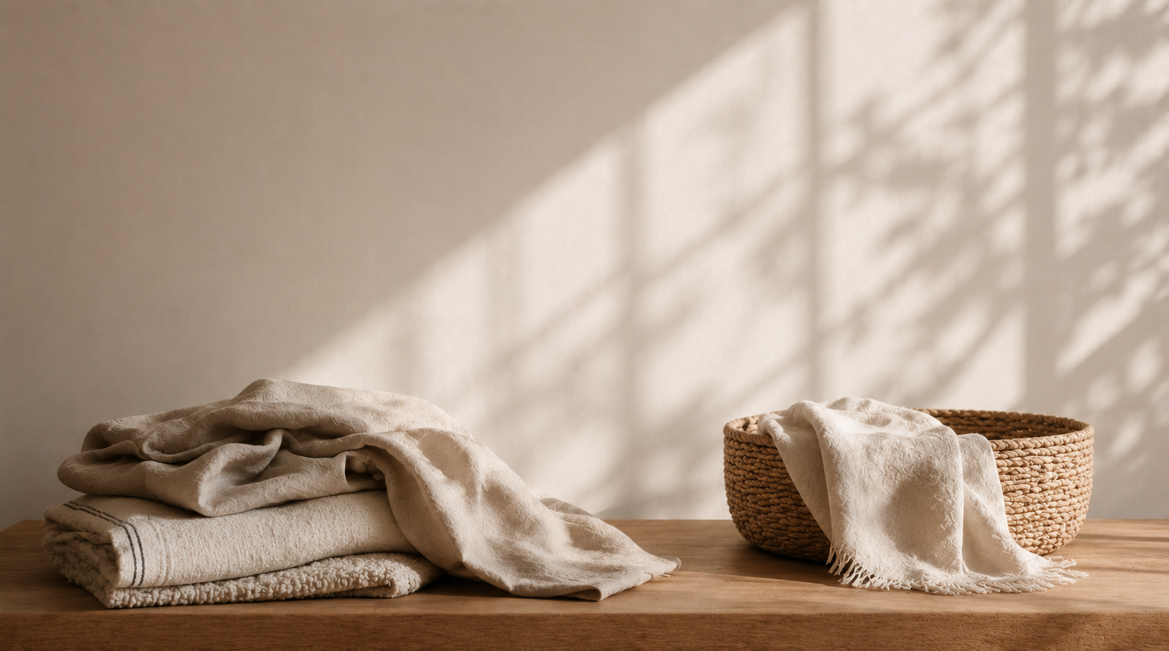 Folded linen textiles and woven baskets on a wooden surface with soft natural light.