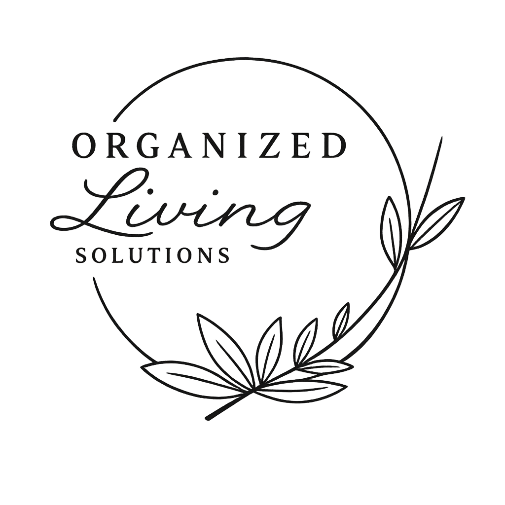Organized Living Solutions logo featuring a circular botanical design with elegant typography.