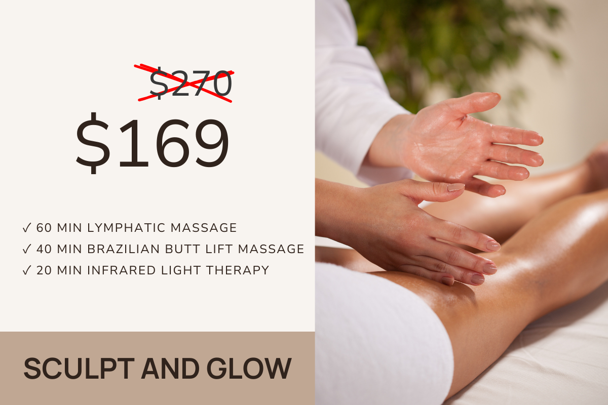 A massage therapy promotion poster showing a discounted price of $169 for a package originally priced at $270. The package includes a 60-minute lymphatic massage, a 40-minute Brazilian butt lift massage, and a 20-minute infrared light therapy. The right side of the poster displays a massage therapist performing a massage on a client's leg.