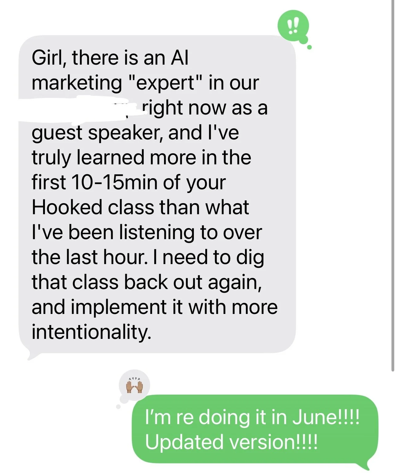 Screenshot of a text message conversation about an AI marketing expert, with one message praising a guest speaker session and a reply indicating a scheduled session in June with an excited tone.