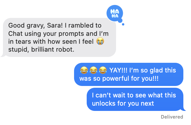 A screenshot of a text message conversation between two people. One person's messages are in gray bubbles, expressing emotional feelings about their experience with ChatGPT. The other person's messages are in blue bubbles, showing enthusiasm and anticipation for future interactions.