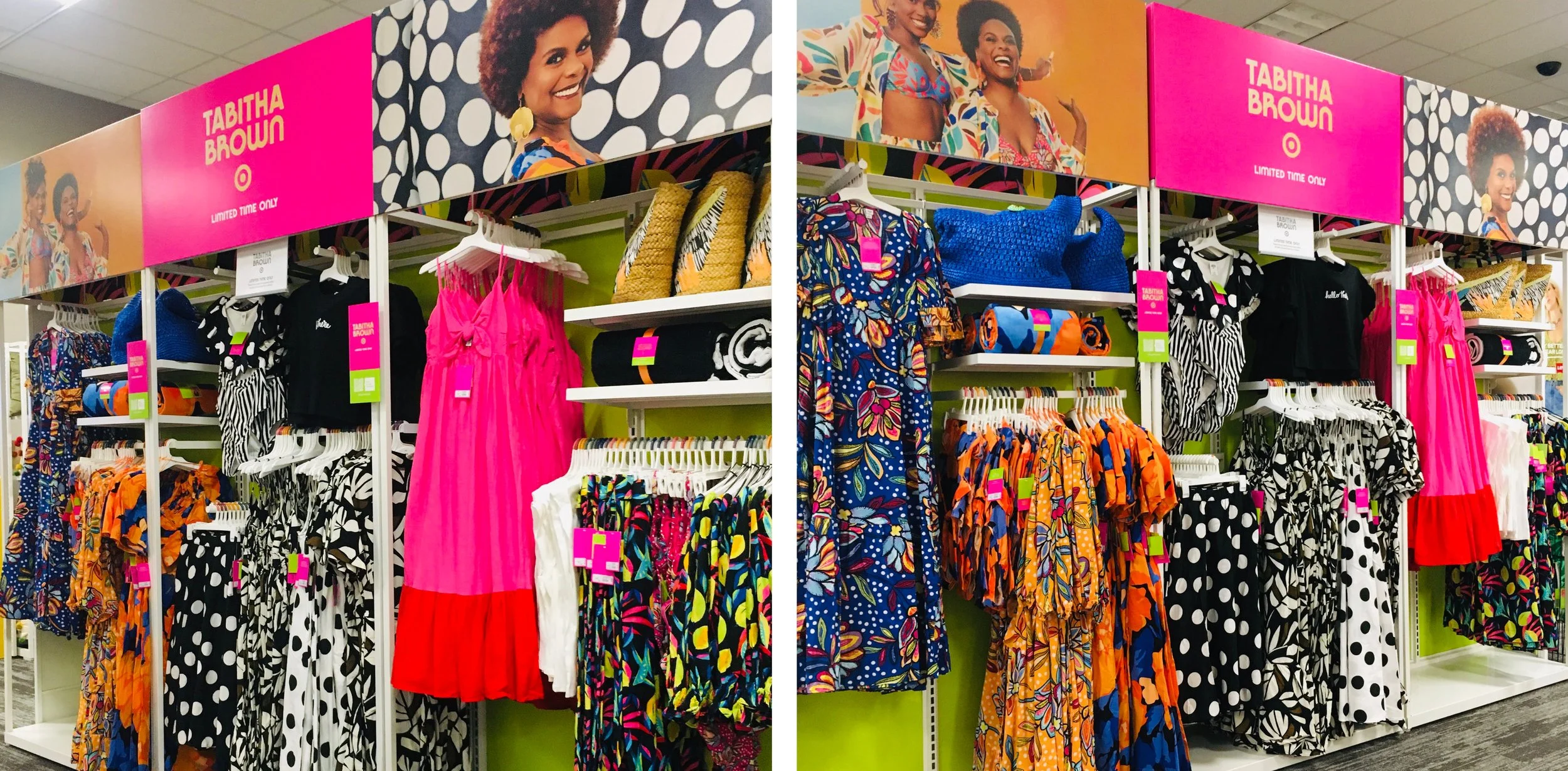 Visual Merchandising Guide was suggesting all clothing should be hung with shoulders pointed out. I thought using some forward facing outfits would create a more dynamic shopping experience. I separated and merchandised the bold colors and patterns t