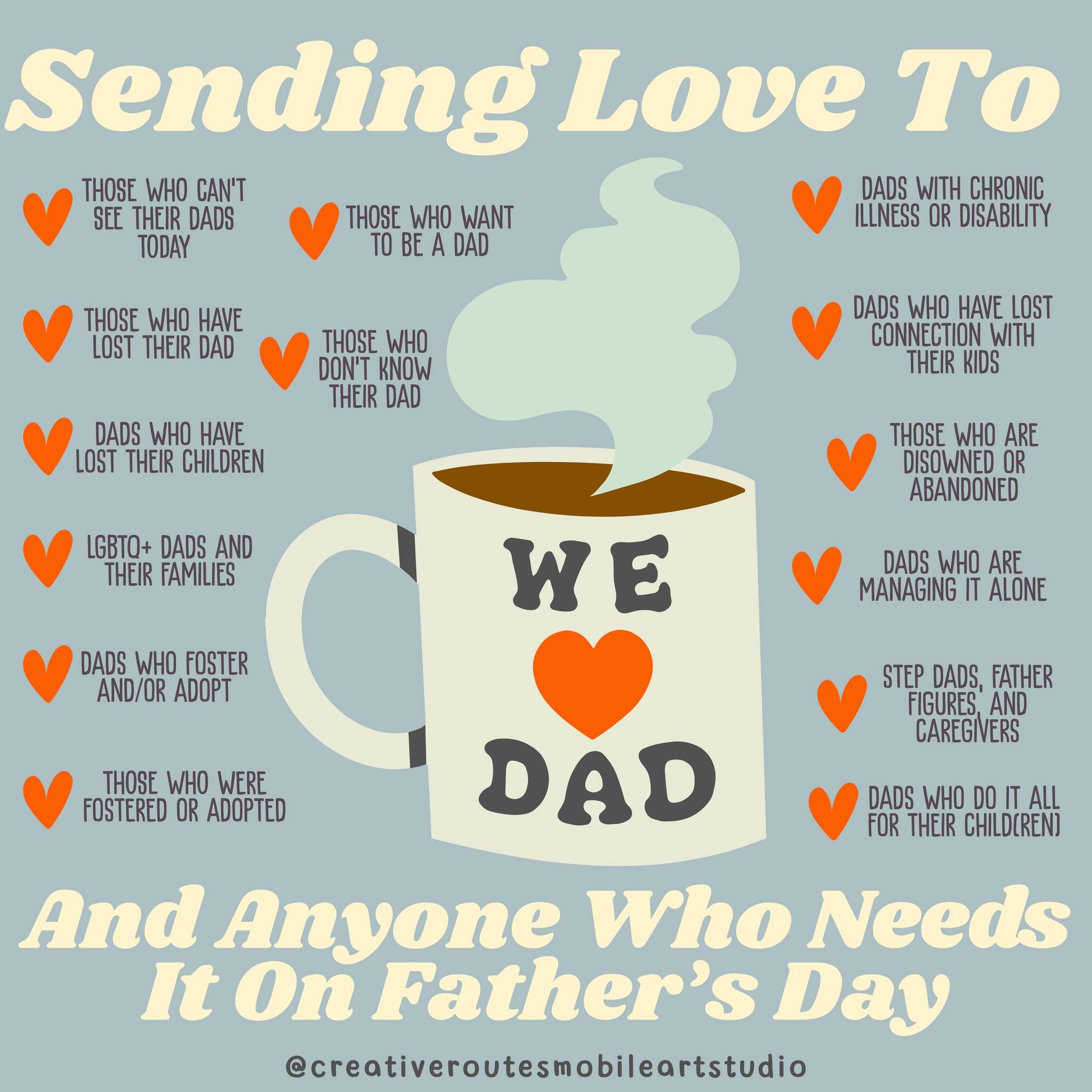 💙 Today, we're sending love to every kind of dad &mdash; and to anyone who needs it on Father's Day.

At Creative Routes Mobile Art Studio, we recognize that this day can stir up a range of feelings. Whether you&rsquo;re celebrating, grieving, heali