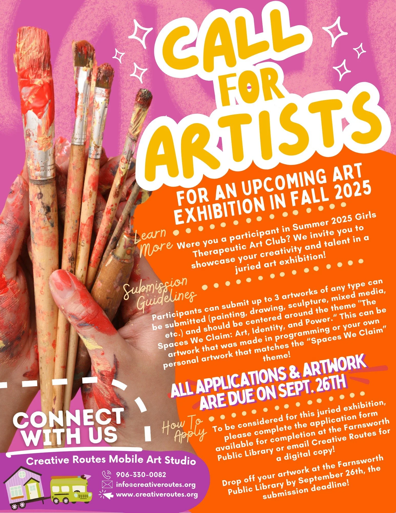 ✨🎨 CALL FOR ARTISTS 🎨✨

We&rsquo;re excited to announce the upcoming community art exhibition! The Space We Claim: A Celebration of Female Creativity and the Spaces We Boldly Claim

Were you part of the Summer 2025 Girls&rsquo; Therapeutic Art Club