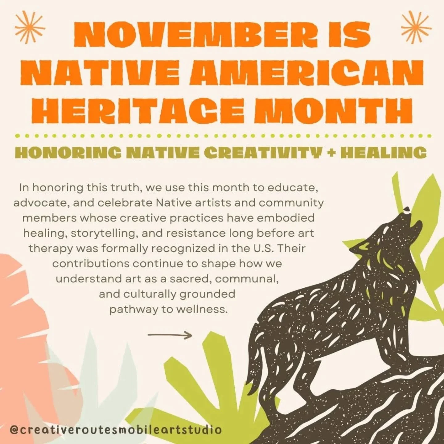This November, we honor Native American Heritage Month by celebrating the creativity, resilience, and healing traditions of Indigenous artists and communities. 

🌿🎨 Swipe through to learn ways we can listen, learn, and amplify Native voices in our 