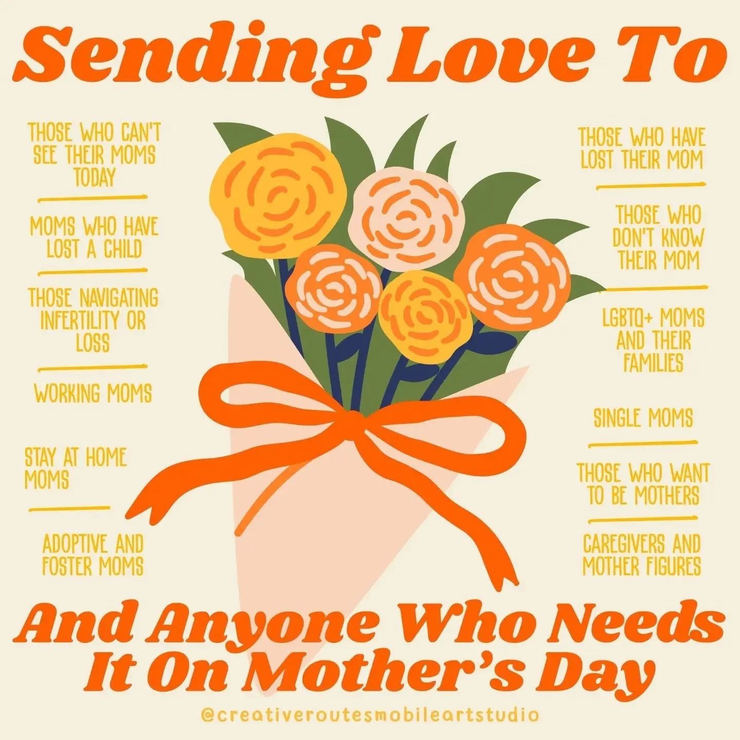💐 Mother&rsquo;s Day can mean many things to many people.
At Creative Routes, we honor all the emotions and experiences this day may bring.
Wherever you are in your journey, we see you. 💛

#MothersDay #InclusiveMothersDay #ArtForHealing #CreativeRo