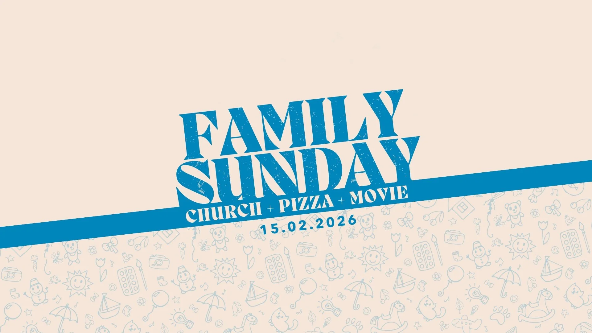 Event graphic for Family Sunday with fun icons on a beige background with the date for the pizza and movie event.