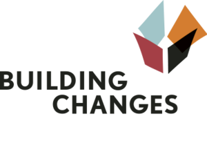 Logo with text "Building Changes" and abstract geometric shapes in various colors.