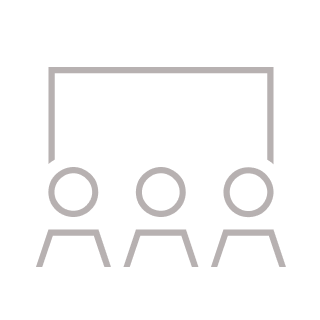 Simplified line drawing of three people sitting at a table with a rectangular frame above, possibly depicting a meeting or presentation scene.