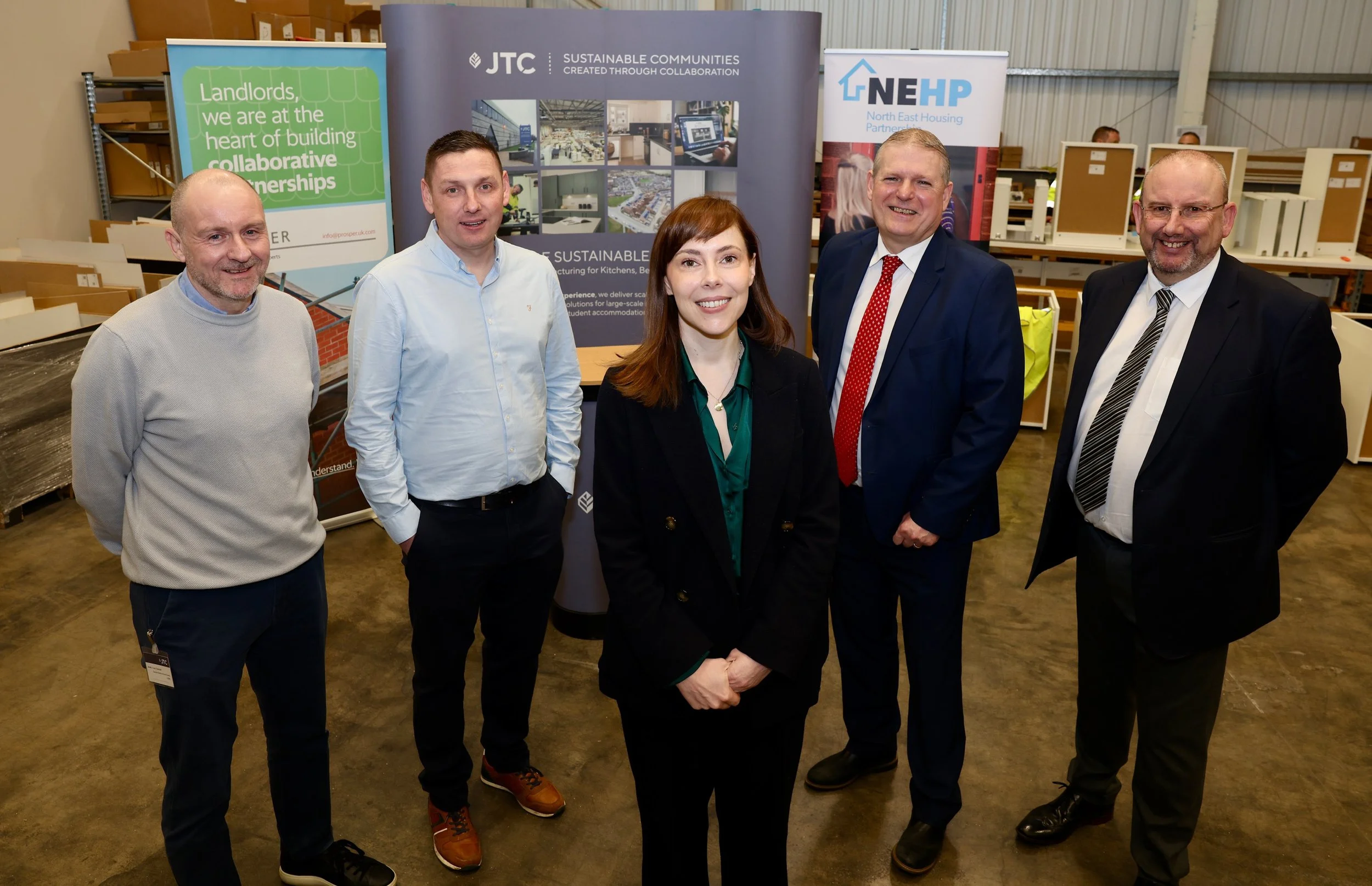 Pictured left to right: Colin Tweddell, Executive Director – Social Housing at JTC, Connor McCloskey CEO of JTC, Emma Foody MP, John Johnston, Chair of the North East Housing Partnership and Rod Brasington, Chief Executive of Prosper.