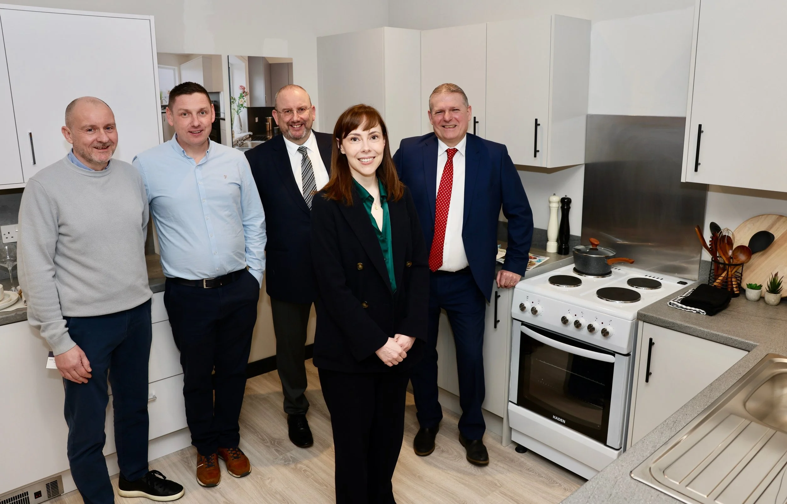 Pictured left to right: Colin Tweddell, Executive Director – Social Housing at JTC, Connor McCloskey CEO of JTC, Rod Brasington, Chief Executive of Prosper, Emma Foody MP and John Johnston, Chair of the North East Housing Partnership.