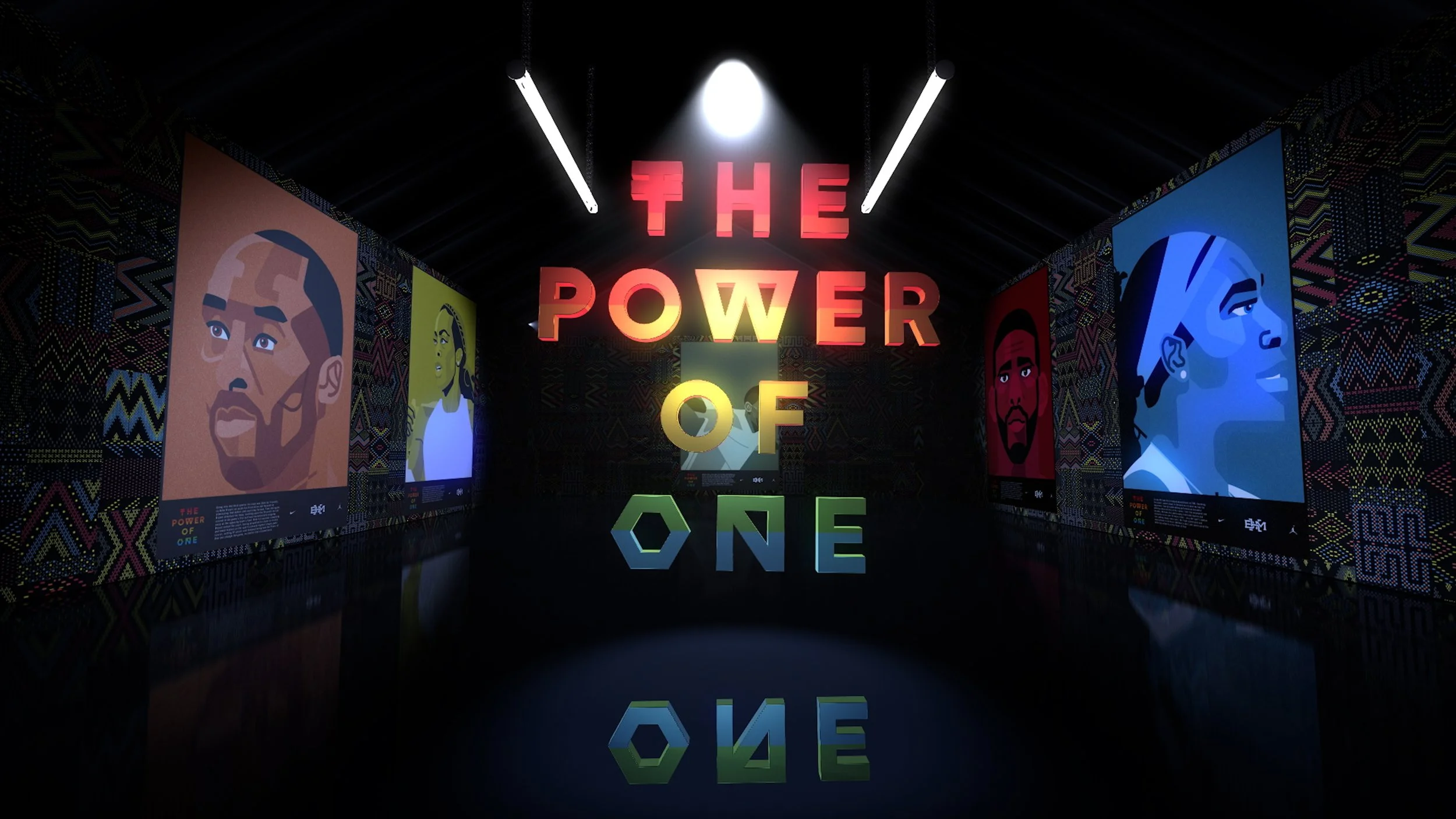 An immersive exhibit titled 'The Power of One' features large, illuminated, colorful letters in the center, with portraits of influential Black leaders on both sides, set against a dark background with patterned walls.