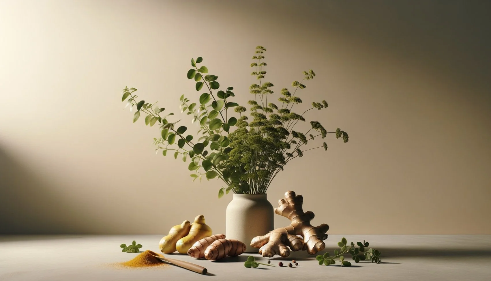 A beige vase with green foliage, turmeric, ginger, and small herbs arranged on a white surface with soft lighting.