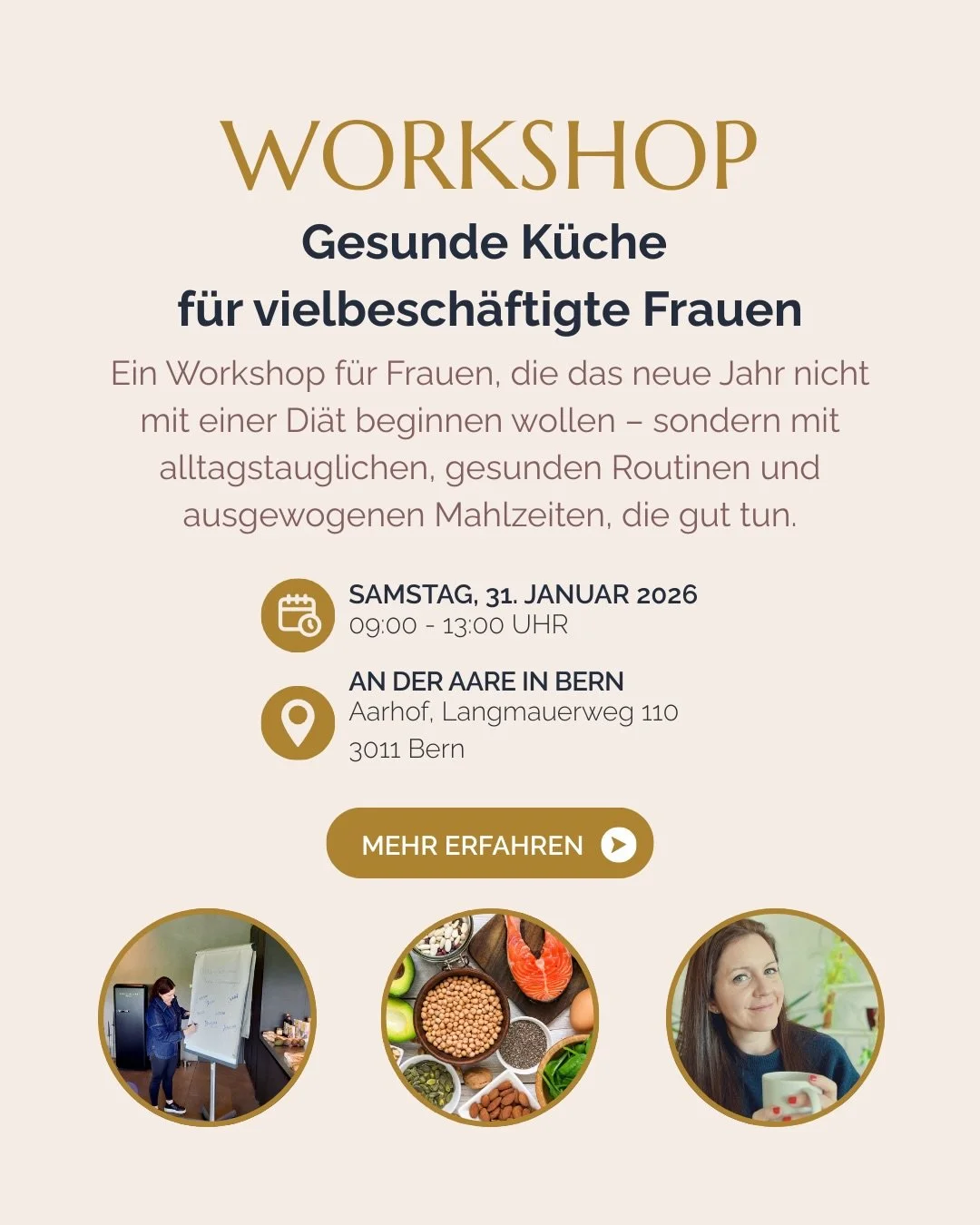 Neues Jahr, neue Routinen &ndash; aber ohne Di&auml;tstress. 
 
Ein Workshop f&uuml;r Frauen, die sich ausgewogen ern&auml;hren m&ouml;chten &ndash; auch dann, wenn der Alltag voll ist und wenig Zeit zum Kochen bleibt.
Gemeinsam bereiten wir einfache