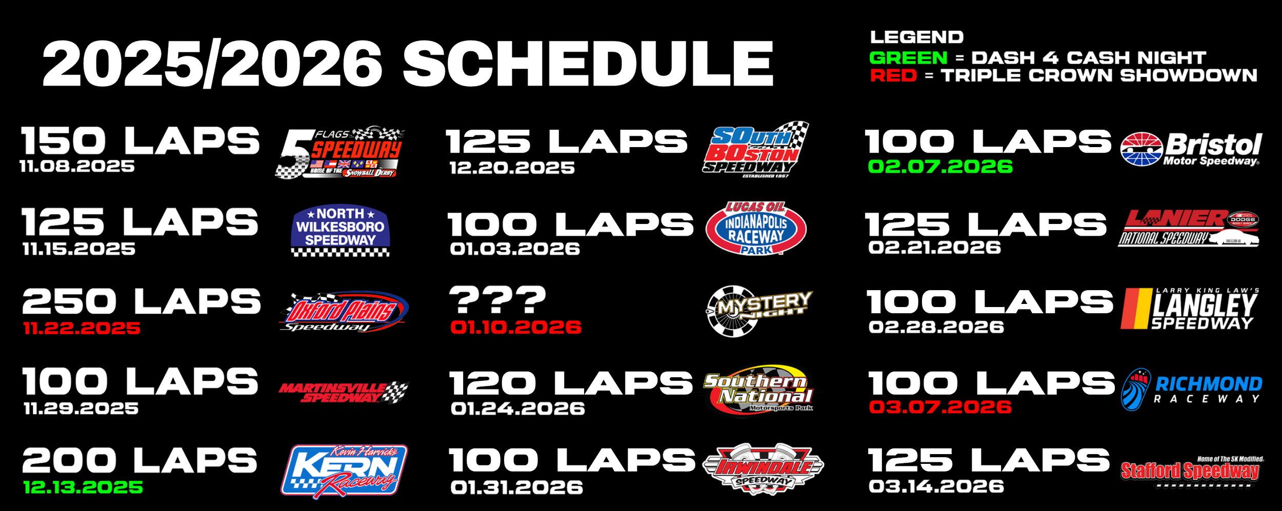 2025/2026 race schedule with race distances, dates, and tracks; color-coded legend for race types.