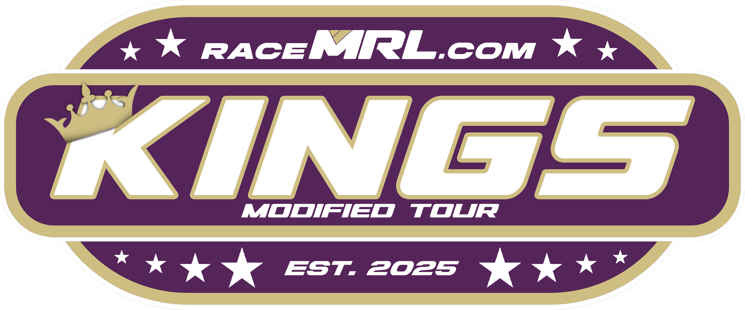 Logo for King’s Modified Tour, with the text 'RaceMRL.com', 'KINGS', 'Modified Tour', and 'Est. 2025', featuring a crown on the letter 'K' and stars surrounding the text, in purple, white, and gold colors.