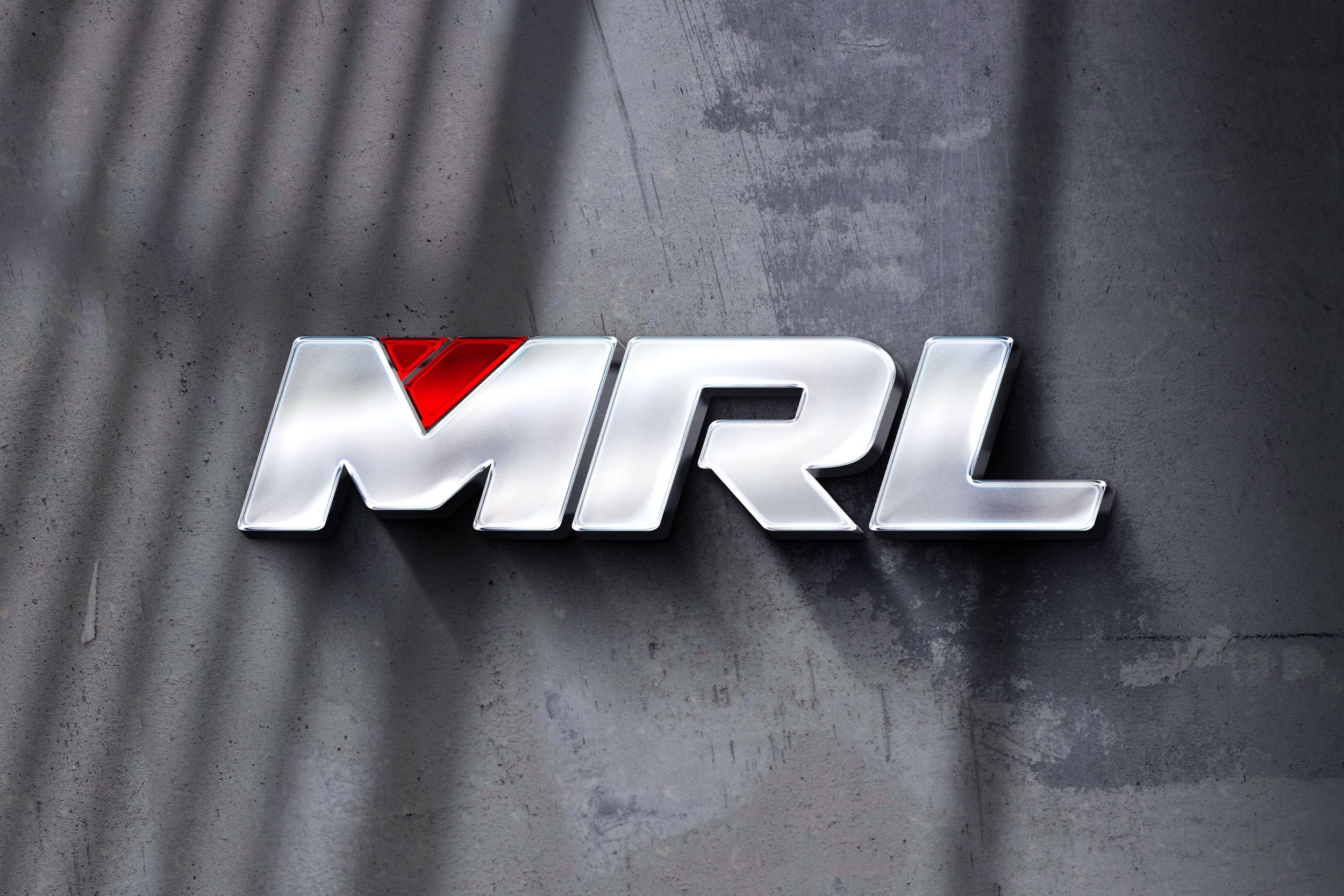 Neon sign that reads 'MIRL' with a red triangle above the 'M', mounted on a textured gray wall.