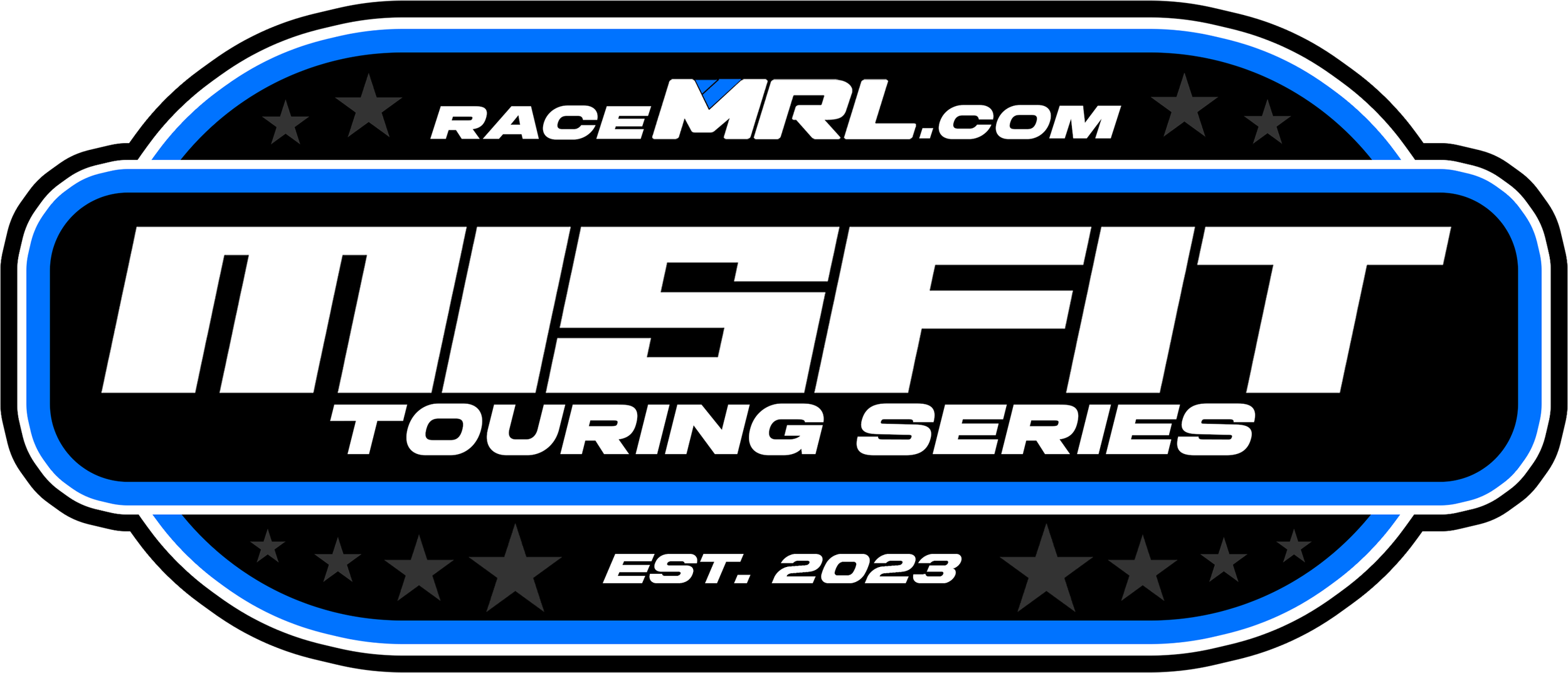 Logo for the WISSFIT Touring Series with a black background, featuring white and blue outlines, displaying the website URL RaceMRL.com, the text WISSFIT in large white letters, and smaller text stating Touring Series and EST. 2023, decorated with gray stars.