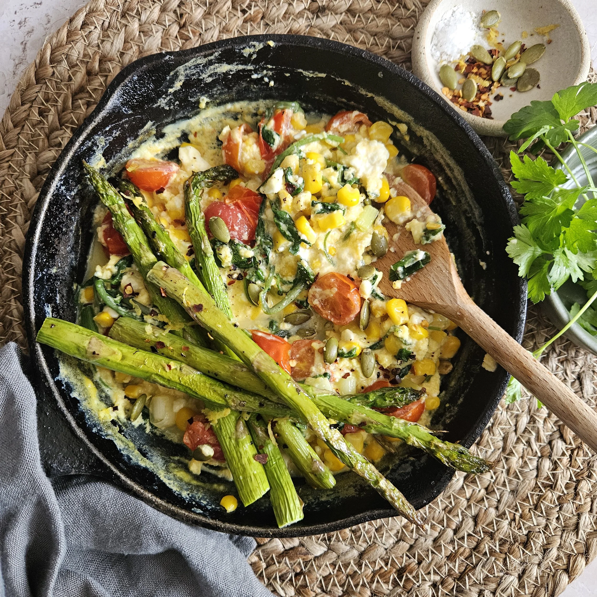 Corn, Feta &amp; Roasted Asparagus Brunch Eggs
