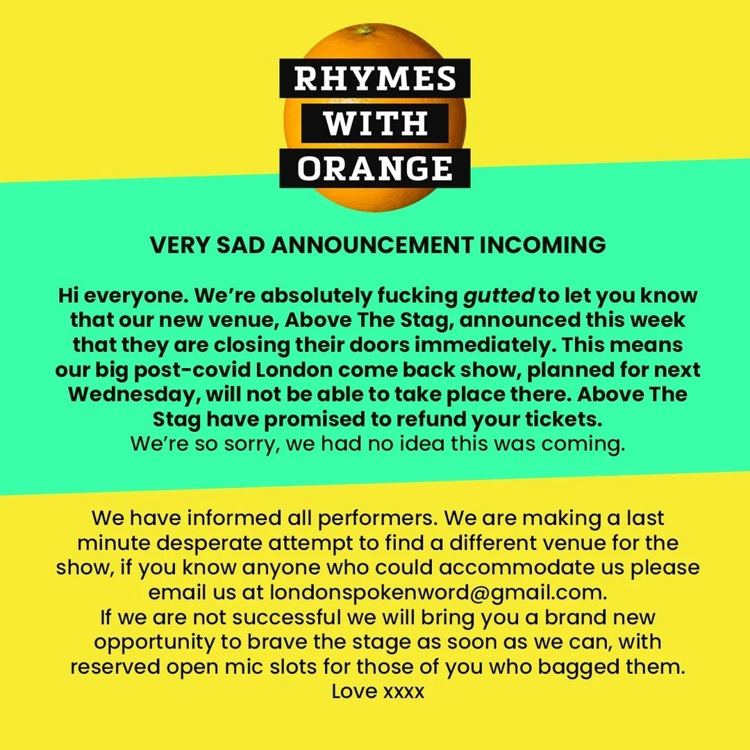 Sad news from @abovethestag this week. We hope they find a new place and get back on their feet soon.

If you bought a ticket you should hear from them about a refund, please let us know when you do. 

If you have new venue ideas do get in touch. We 