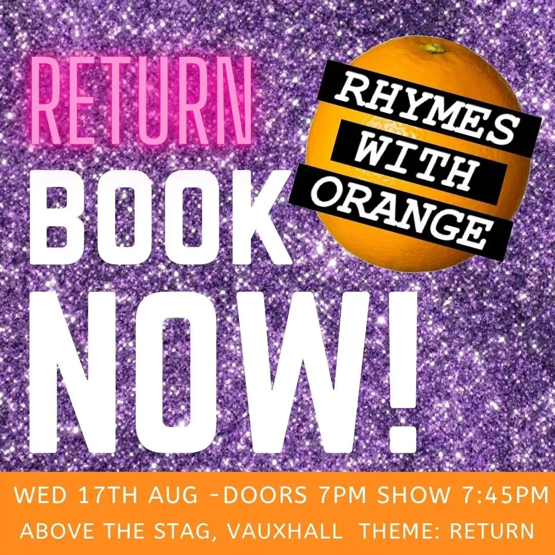 Our long-awaited return is happening @abovethestag on Wed 17 Aug. Get your tickets now! 
.
.
&pound;10 online, &pound;12 on door. Link in bio.Tell your mates and we'll see you there 🍊🍊🍊 ps the open mic is sold out but join us and get involved in t