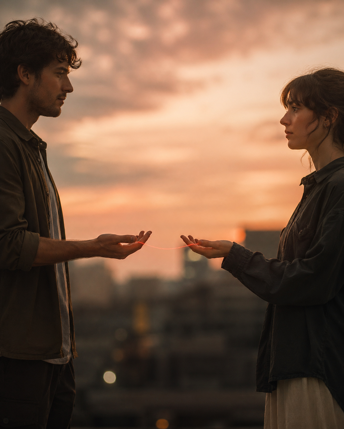 A man and woman facing each other at sunset, with one person holding a glowing string of red light between their hands.