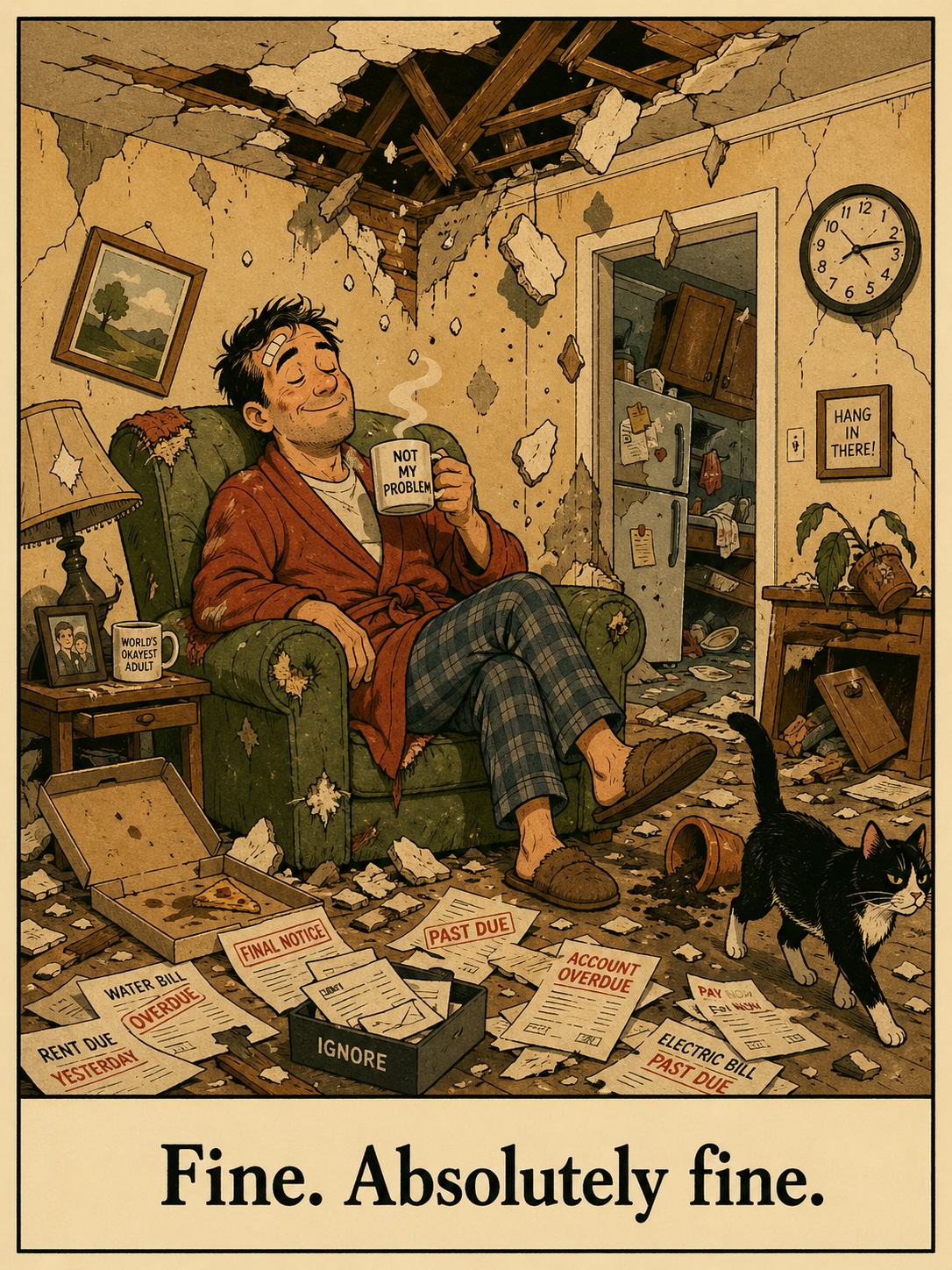 An illustration of a man sitting relaxed in a badly damaged living room, smiling and holding a coffee mug labeled 'NOT MY PROBLEM.' The room has a partly collapsed ceiling, papers and debris scattered on the floor, and a black and white cat walking past. The coffee mug on the side table reads 'WORLD'S OKAYEST ADULT.' The background shows a cluttered kitchen. The scene depicts a humorous attitude toward neglecting bills and responsibilities, with a caption 'Fine. Absolutely fine.'