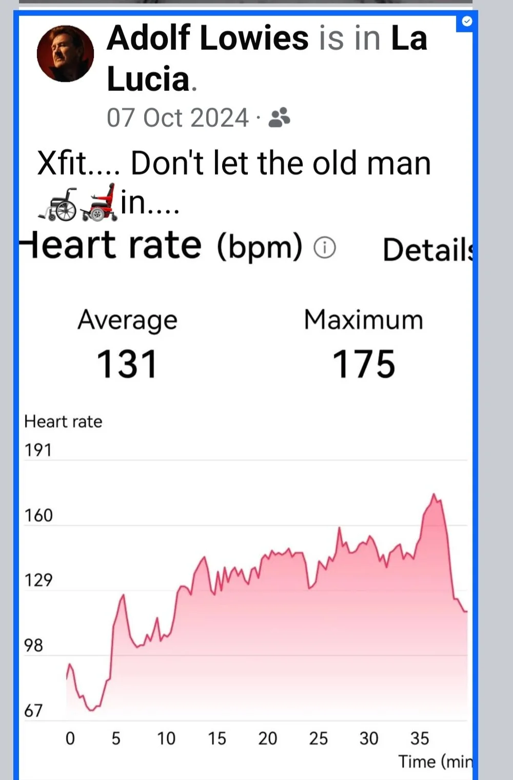 A health app screen showing a person's heart rate data, with an alert about an elevated heart rate of 191 bpm, an average of 131 bpm, and a maximum of 175 bpm, along with a line graph of heart rate over time.