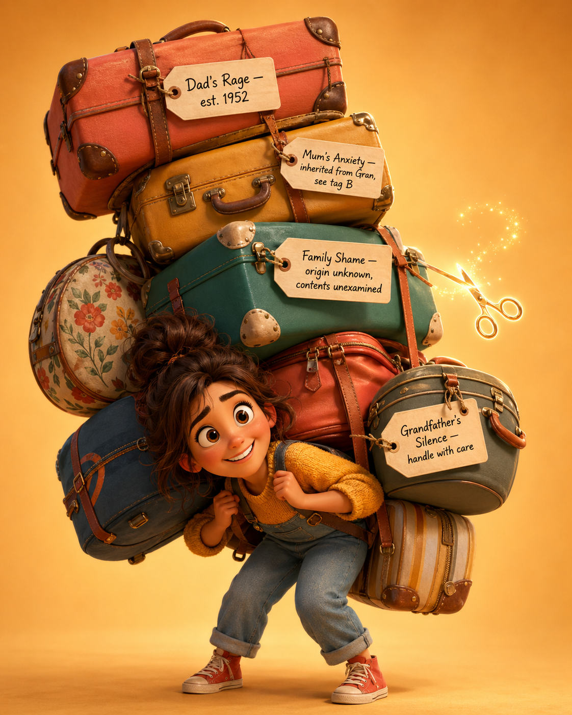 Animated girl carrying a large stack of colorful suitcases with tags indicating family history, anxiety, and silence; she has curly brown hair, a yellow sweater, blue overalls, and orange sneakers, smiling against a yellow background.