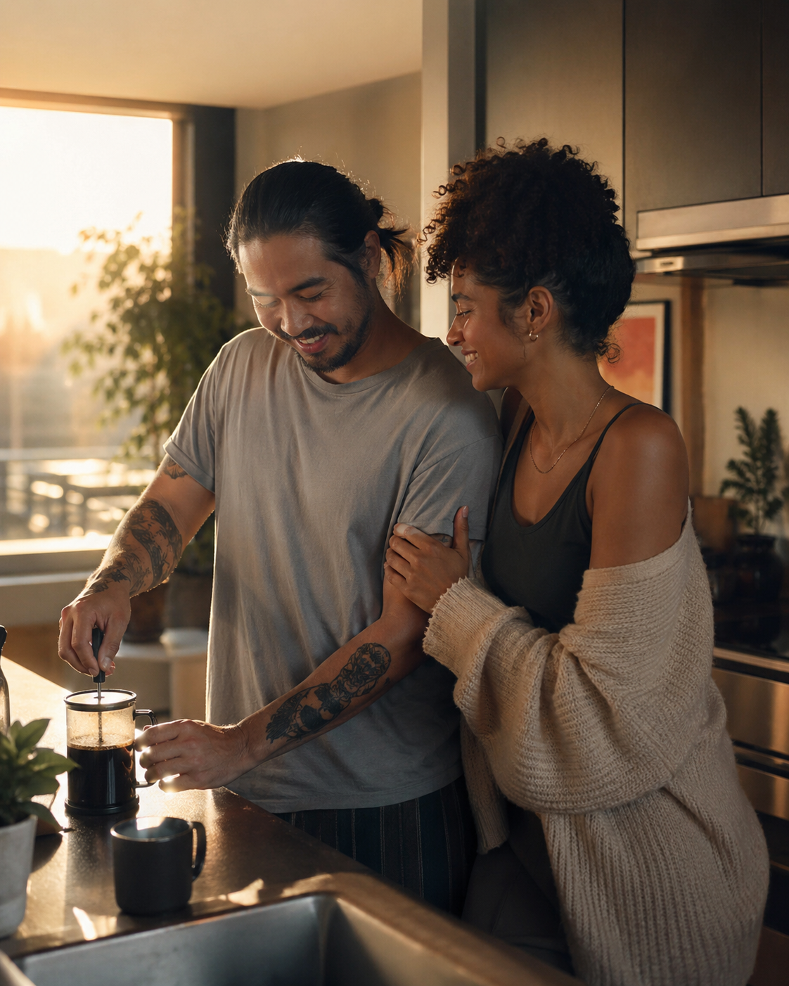 A happy couple in a kitchen baking together, with sunlight streaming through the window behind them.