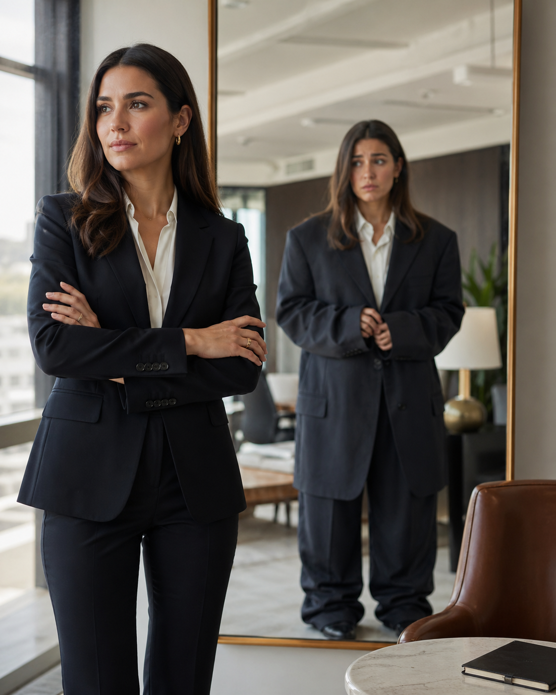 A woman in a black suit with brown hair looking thoughtfully in front of her, standing in front of a mirror in a modern office or apartment. The mirror reflects her and part of the room.