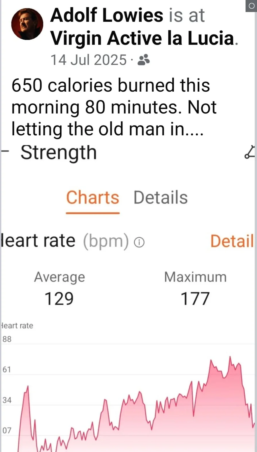 Screenshot of a social media post by Adolf Lowies from July 14, 2025, showing a fitness app with data on calories burned and heart rate during an 80-minute workout at Virgin Active la Lucia; includes a graph of heart rate over time.