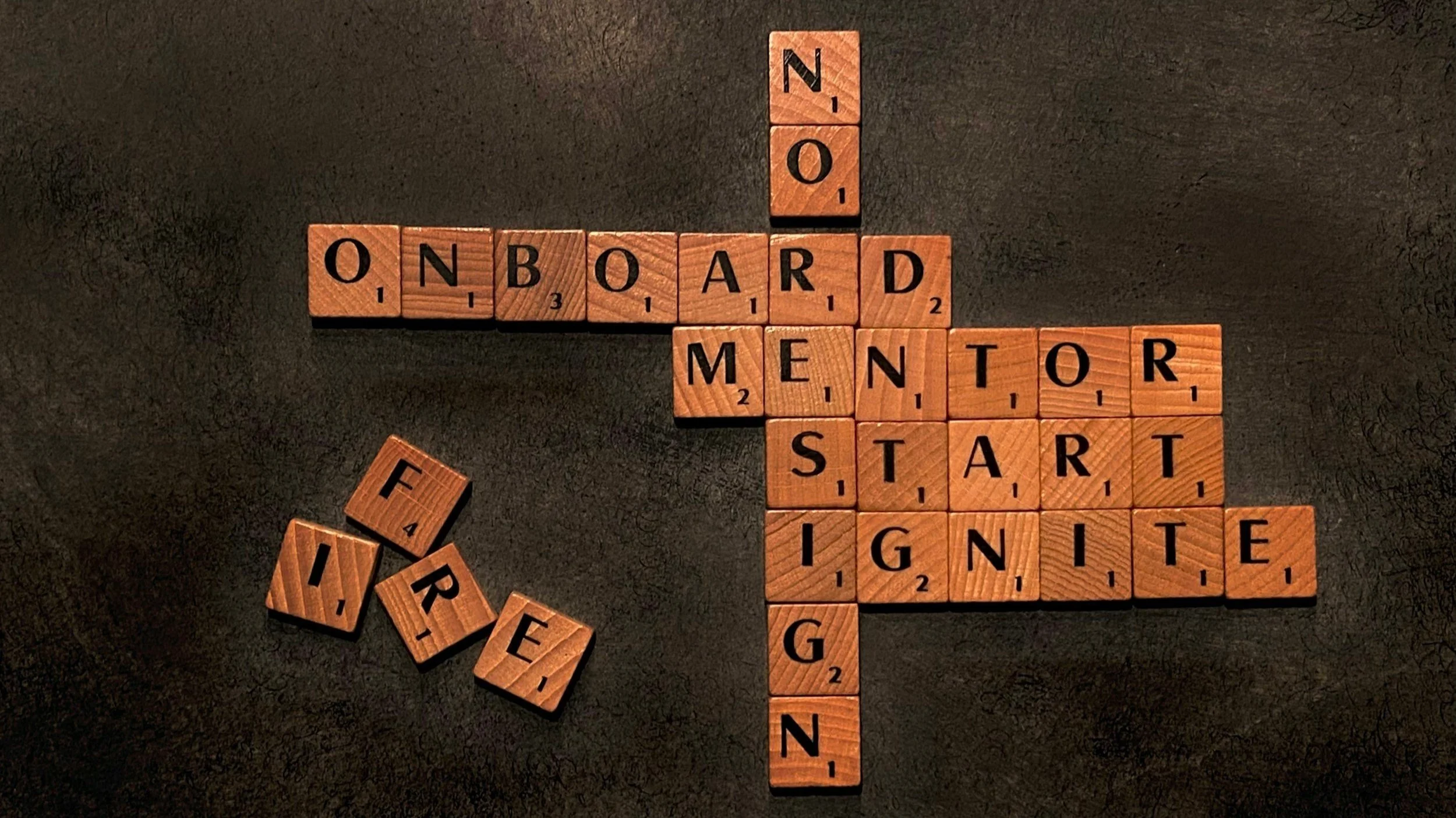 Holzbuchstaben auf einem dunklen Hintergrund formen die Wörter "ONBOARD", "MENTOR", "DESIGN", "START", "IGNITE", "FIRE" und "NO".