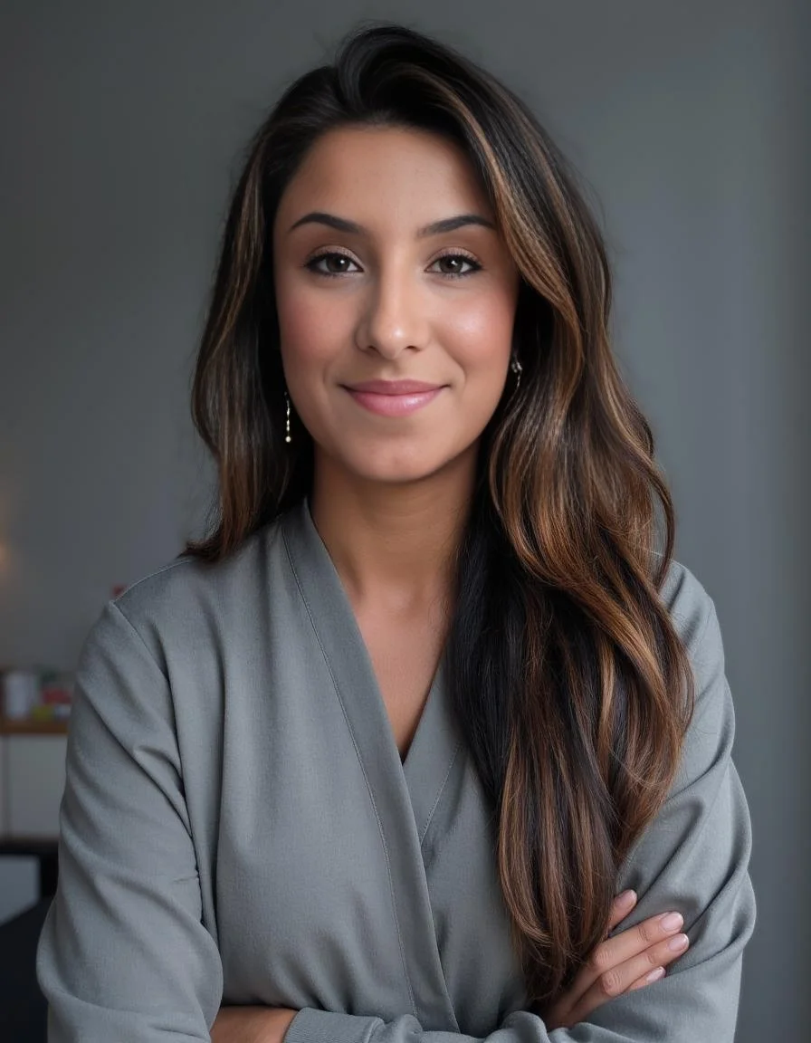 Porträt einer Frau mit langen, welligen Haaren. Sie trägt einen grauen Pullover und lächelt leicht in die Kamera. Der Hintergrund ist unscharf und erscheint neutralfarbig.