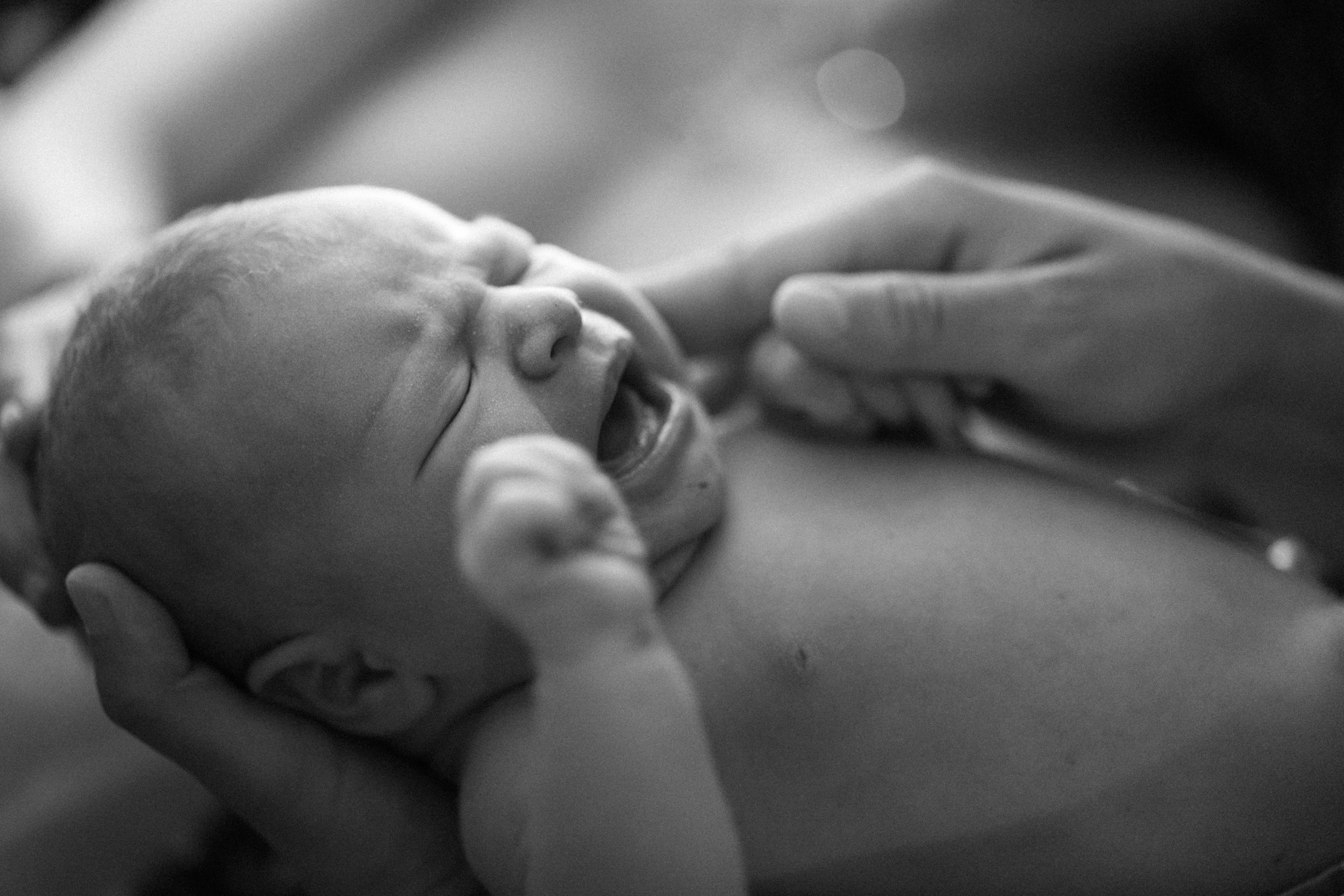 A newborn baby crying while being gently held by a caregiver in black and white.