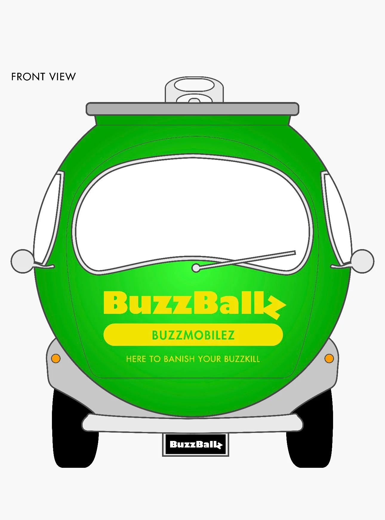 A cartoon illustration of a green bubble-shaped vehicle with a front windshield, two side mirrors, and a license plate that says "BuzzBallz". The vehicle has yellow text that says "BuzzBallz" and "BUZZMOBILEZ"