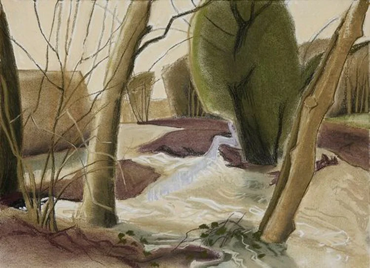 January, flood, ash trees, Dicky's new hedge. 28x38cm